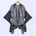 Women's warm knitted shawl cape with black, grey and white geometric floral patterns - Black and White