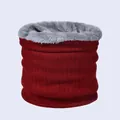 Detail of red knit neck warmer featuring thick grey plush lining for winter warmth - Burgundy
