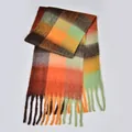 Chunky rainbow plaid scarf with long tassels and thick boucle yarn for autumn winter - Black and Orange
