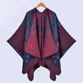 Women's warm winter shawl poncho with retro ethnic jacquard patterns in navy and red - Red & Navy