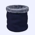 Close-up of winter knit neck warmer with thick fleece lining in navy blue and grey - Navy Blue
