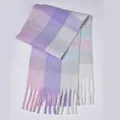 Detailed view of soft rainbow plaid scarf with long tassels and pastel fiber texture - Taro Purple