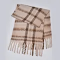 Thick beige and brown plaid scarf with decorative fringe for winter warmth - Khaki