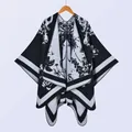 Women's vintage knit shawl with black and white floral jacquard and striped hem - Black and White Butterfly