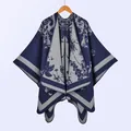 Women's vintage dark blue and grey floral jacquard knit poncho shawl with split design - Navy Blue Butterfly
