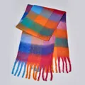 Rainbow plaid scarf with colorful tassels made of soft thick yarn for autumn and winter - Blue Red Patchwork