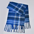 Thick winter plaid scarf in royal blue with tassels, made of soft bouclé yarn - Navy Blue