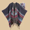 Scialle boho in maglia a rombi geometrici con nappe a frangia in blu navy e rosso - 1. Nappa Piccola A Forma Di Diamante Blu Navy / 135*150cm
