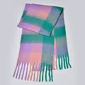 Close-up of rainbow plaid scarf with purple and pink thick yarn textures and soft tassels - Green and Purple Patchwork