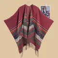 Bohemian geometric knit shawl poncho with fringe tassels in deep red retro pattern - Wine Red (Geometric Diamond)