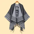 Women's knit stripe poncho with black fringes in black and grey color block style - Tassel Border Horizontal Striped Style / Gray