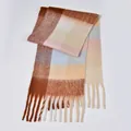 Detail of colorful rainbow plaid scarf featuring caramel brown hues and soft tassels - Coffee & Pink
