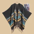 Detail of ethnic geometric diamond knit poncho shawl featuring decorative fringe edges - 6 Small Diamond-shaped Black Tassels / 135*150cm