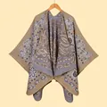 Close-up of bohemian paisley jacquard pattern and blanket-stitched edge on thick shawl - 135x155cm / Khaki