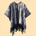 Women's warm knit shawl with Chinese ink landscape pattern and black tassel trim - 110*145CM / Ink Forest Black