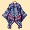 Thick knit geometric poncho in navy and brick red with ethnic patterns for autumn and winter - 1. Geometric Car In Navy Blue / 135*155CM
