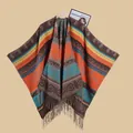 Bohemian jacquard knit poncho with fringe and ethnic patterns for outdoor travel - 135*160cm / Ethnic Heart Tassel Orange Coffee