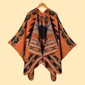 Thick boho geometric diamond pattern knit shawl poncho for women in orange and black - 2. Geometric Toy Car Orange / 135*155CM