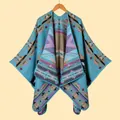 Close-up of turquoise geometric knit shawl with detailed bohemian tribal patterns - Lake Blue Geometric (2025123)