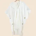 Bohemian white hooded knit poncho for women with tassels and decorative wooden buttons - White