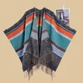 Close-up of bohemian knit shawl with geometric patterns and long tassel fringe - 5. Tassels Vintage Style Double-ended Flowers Navy Blue. / 135*150cm