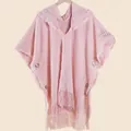 Pink bohemian knit hooded shawl with tassels and wooden buttons for women's travel - Tops / 80x158cm / Pink