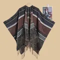 Detail of vintage knit shawl featuring ethnic patterns and long tassel fringe trim - 6 Tassel Retro Double-ended Flower Black Coffee / 135*150cm