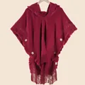Women's burgundy bohemian hooded knit shawl cape with tassels and wooden buttons - Tops / 80x158cm / Burgundy