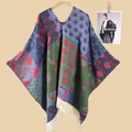 Women's multi-colored floral jacquard knit poncho cape with tassel hem for winter warm wear - Floral Grid Large Tassel Pullover Style