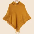 Women's mustard yellow hooded knit poncho with fringe details and diamond pattern - Hooded Tassel Knit Poncho / Ginger Yellow