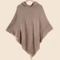 Women's autumn knit hooded poncho with tassels and bohemian woven patterns in taupe - Hooded Tassel Knit Poncho / Khaki