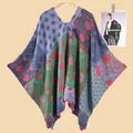 Women's vintage patchwork floral jacquard knit shawl poncho with irregular hemline - Floral Grid Pullover Without Tassel Style