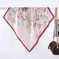 Close-up of vintage floral satin square scarf with red peony pattern and deep red border - 70x70 / Pink