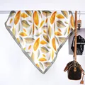 Detail of soft satin square scarf with yellow leaf print and elegant grey borders - 70x70 / Mustard Yellow