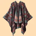 Thick vintage paisley jacquard knit shawl poncho with bohemian floral patterns for winter - 135*155CM / Navy Blue