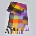 Rainbow plaid scarf in purple and yellow knit with thick tassels and fuzzy texture - Purple Yellow Patchwork