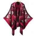 Women's bohemian hooded poncho cardigan with ethnic red jacquard knit patterns - Burgundy