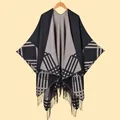 Women's vintage geometric check cashmere-like shawl poncho with tassels in grey tones - Grid Style / Black Beige Plaid