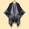 Classic reversible plaid poncho cape with fringe details in grey and black knit - Grid Style / Black Gray Plaid