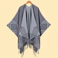 Elegant grey plaid knitted shawl cape for women with tassel hem and geometric pattern - Grid Style / Gray Plaid