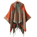 Ethnic knit hooded cardigan shawl with orange and blue-grey pattern and black tassels - Orange Flower