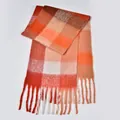 Thick rainbow plaid scarf in orange and caramel brown with long tassel fringe edges - Orange & Red Color Block