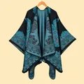 Ethnic thick shawl wrap with teal paisley pattern and geometric borders for women - Black Lake Blue Paisley Pattern