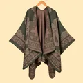 Thick knit ethnic shawl with dark green paisley pattern and vintage bohemian draping - Green Camel Paisley Pattern