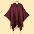 Detail of burgundy knitted shawl with vintage toggle button and black leather base - Burgundy