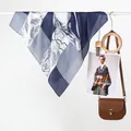 Navy and white floral satin square scarf with geometric stripes in an elegant display - 70x70cm / Striped Color Block Navy
