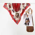 Red vintage silk scarf with horse carriage pattern and gold chain print hanging on bar - Red Carriage Wheat / 70x70cm