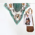Elegant mint green square silk scarf with vintage carriage print and gold chain patterns - Green Carriage Wheat / 70x70cm