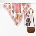 Elegant silk scarf featuring vintage carriage patterns and decorative tassels for women - Pink Carriage Wheat / 70x70cm