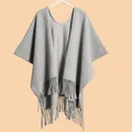 Classic thick grey shawl for women with elegant tassels and warm jacquard texture - Gray